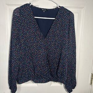 Madewell Lyric Wrap Top Sugar Dot Navy multicolor polka dot textured Medium